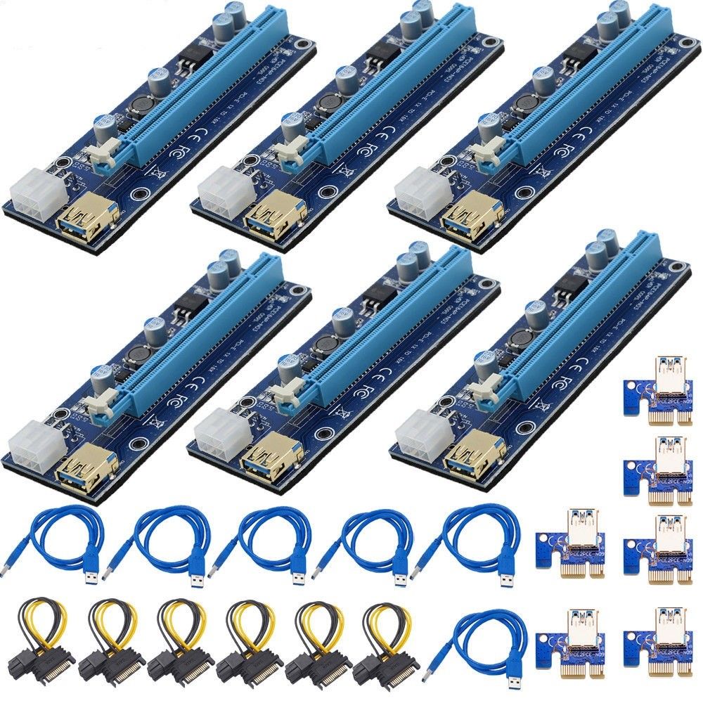 PCIE Mining GPU Riser Card Adapter PCI-E 1x to 16x w/LED 60cm USB Cable - 6Pack