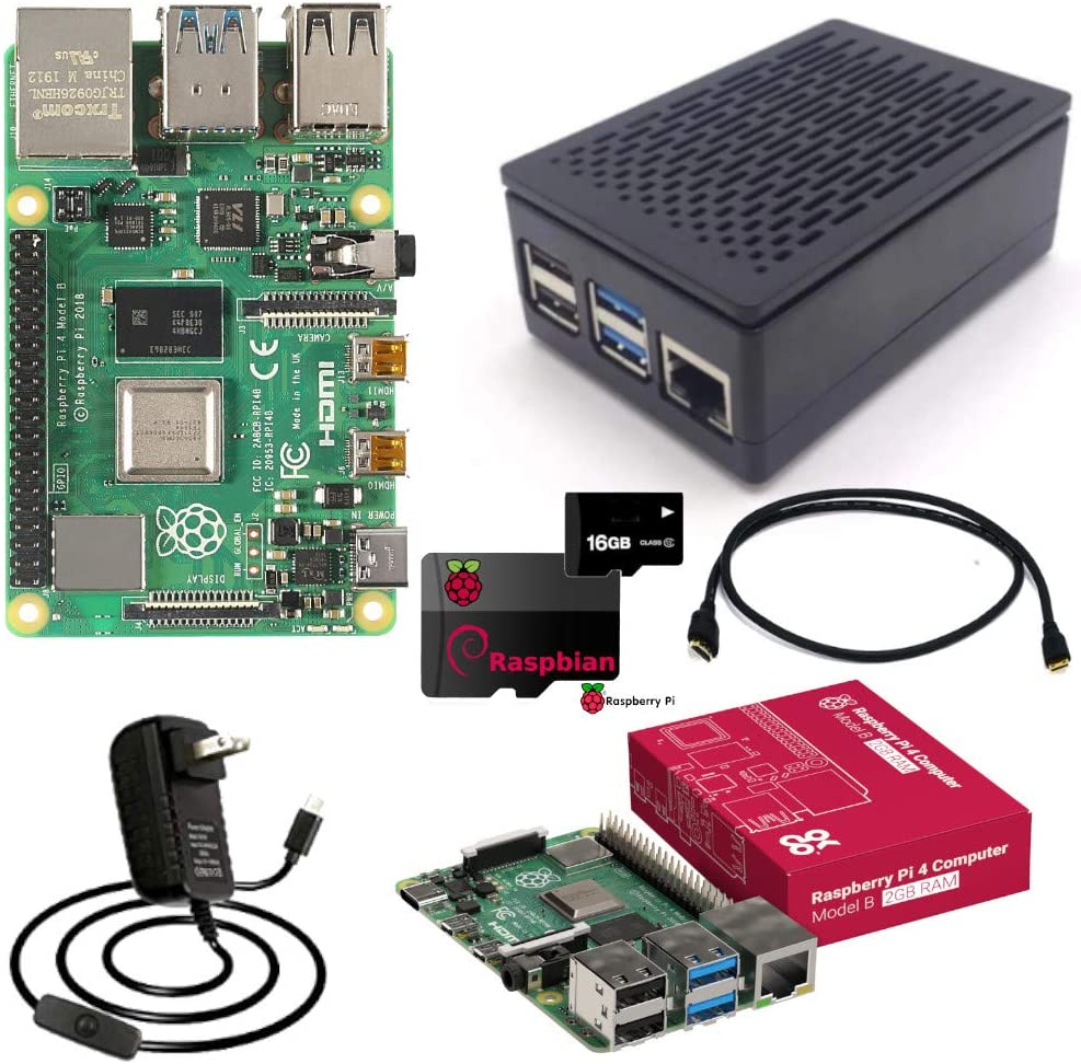 Raspberry Pi 4 Model B KIT 2GB RAM, Black Case, 5V 3A Genuine US Power Supply, HDMI Cable, 16GB micro SD Card w/Noobs, Heat sinks