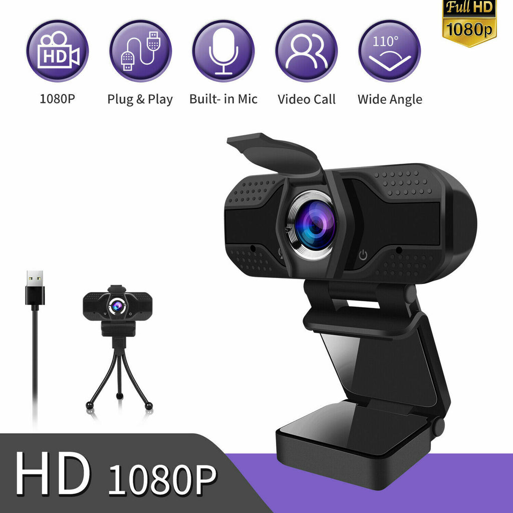 1080P HD USB Webcam Web Camera for PC Desktop Laptop Zoom Skype w/ MIC, Tripod & Cover